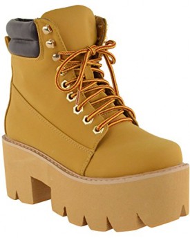 LADIES-WOMENS-CHUNKY-CLEATED-SOLE-PLATFORM-LACE-UP-WORKER-ANKLE-BOOTS-SHOES-PUNK-UK-6-Honey-Nubuck-0