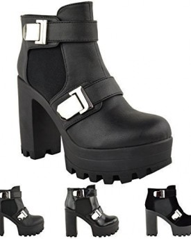 LADIES-WOMENS-CHUNKY-PLATFORM-HIGH-HEEL-CLEATED-SOLE-ANKLE-CHELSEA-BOOTS-SHOES-UK-7-Black-Faux-Leather-0