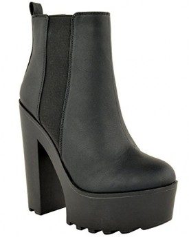 LADIES-WOMENS-CLEATED-ELASTIC-PLATFORM-BOOTS-CHUNKY-BLOCK-HIGH-HEEL-ANKLE-SHOES-UK-5-Black-Faux-Leather-0