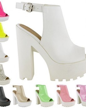 LADIES-WOMENS-CLEATED-SOLE-HIGH-HEEL-CHUNKY-PLATFORM-CUT-OUT-BOOTS-SHOES-SIZE-UK-7-White-Faux-Leather-0