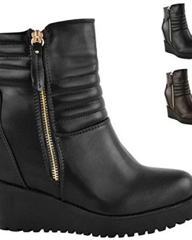 LADIES-WOMENS-CONCEALED-HIDDEN-WEDGE-MID-HIGH-HEEL-PLATFORM-ANKLE-BOOTS-SHOES-UK-6-Black-Faux-Leather-0