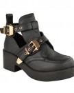 LADIES-WOMENS-CUT-OUT-BOOTS-FLAT-LOW-HEEL-STRAPPY-CHUNKY-GOLD-BUCKLE-TRIM-BIKER-CHELSEA-ANKLE-SHOES-SIZE-UK-5-EU-37-US-7-Black-Faux-Leather-0-0
