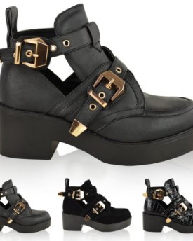 LADIES-WOMENS-CUT-OUT-BOOTS-FLAT-LOW-HEEL-STRAPPY-CHUNKY-GOLD-BUCKLE-TRIM-BIKER-CHELSEA-ANKLE-SHOES-SIZE-UK-5-EU-37-US-7-Black-Faux-Leather-0