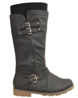 LADIES-WOMENS-FLAT-GRIP-SOLE-WIDE-LEG-CALF-KNEE-HIGH-WINTER-RIDING-BOOTS-SIZE-UK-6-EU-39-US-8-Black-Faux-Leather-0