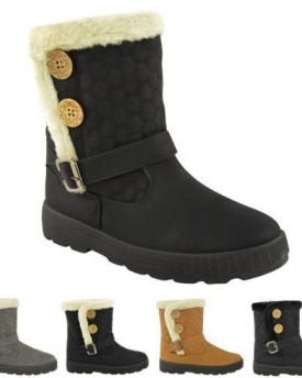 LADIES-WOMENS-FLAT-LOW-HEEL-SNOW-WINTER-FUR-LINED-QUILTED-GRIP-SOLE-ANKLE-HIGH-BOOTS-SIZE-UK-6-EU-39-US-8-Black-Faux-Leather-Cream-Fur-0