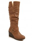 LADIES-WOMENS-KNEE-HIGH-FAUX-LEATHER-WEDGE-PLATFORM-BOOTS-SHOES-SIZE-5-TAN-0-0