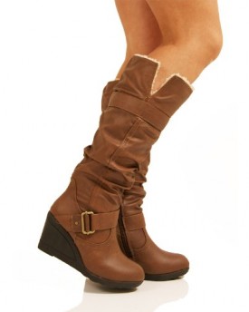 LADIES-WOMENS-KNEE-HIGH-FAUX-LEATHER-WEDGE-PLATFORM-BOOTS-SHOES-SIZE-5-TAN-0