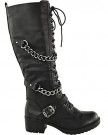 LADIES-WOMENS-KNEE-HIGH-MID-CALF-LACE-UP-BIKER-PUNK-MILITARY-COMBAT-BOOTS-SHOES-UK-7-Black-Faux-Leather-0-0