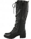 LADIES-WOMENS-KNEE-HIGH-MID-CALF-LACE-UP-BIKER-PUNK-MILITARY-COMBAT-BOOTS-SHOES-UK-7-Black-Faux-Leather-0-1