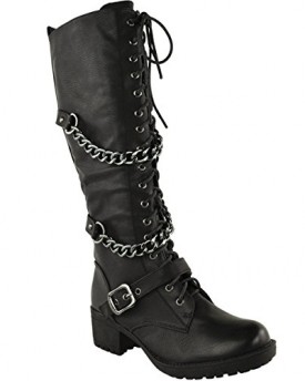 LADIES-WOMENS-KNEE-HIGH-MID-CALF-LACE-UP-BIKER-PUNK-MILITARY-COMBAT-BOOTS-SHOES-UK-7-Black-Faux-Leather-0