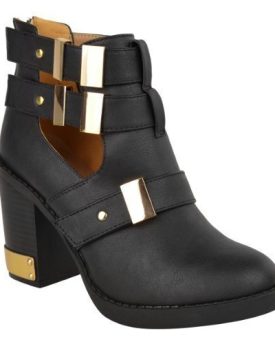 LADIES-WOMENS-MID-HIGH-BLOCK-HEEL-GOLD-BUCKLE-CUT-OUT-BIKER-CHELSEA-ANKLE-BOOTS-SHOES-SIZE-UK-8-EU-41-US-10-Black-Faux-Leather-0