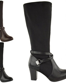 LADIES-WOMENS-WIDE-LEG-STRETCH-KNEE-HIGH-HEEL-MID-CALF-RIDING-CHELSEA-BOOTS-SIZE-UK-4-Black-Faux-Leather-0