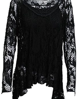 Ladies-2-in-1-Italian-Long-Sleeve-Crochet-Top-Tunic-Lace-Mesh-Black-0