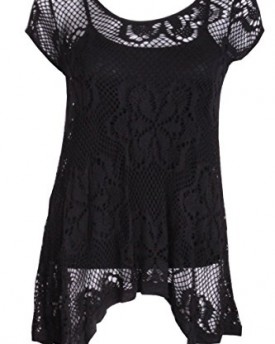 Ladies-2-in-1-Italian-Short-Sleeve-Crochet-Top-Tunic-Lace-Mesh-Black-0