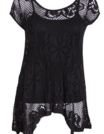 Ladies-2-in-1-Italian-Short-Sleeve-Crochet-Top-Tunic-Lace-Mesh-Black-0