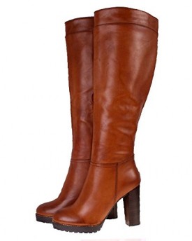 Ladies-BEBO-Tan-Burnished-Leather-Look-Stacked-Cleated-High-Heel-Knee-High-Boots-7-0