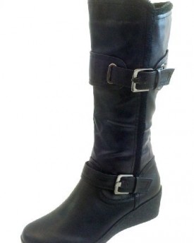 Ladies-Black-Faux-Leather-Fur-Wedge-Heels-Long-Calf-Winter-Smart-Boots-Size-UK-5-0