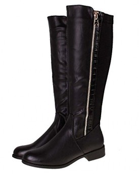 Ladies-ELLA-Black-Leather-Look-Slim-Leg-Low-Heel-Knee-High-Riding-Boots-7-0