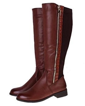 Ladies-ELLA-Brown-Leather-Look-Slim-Leg-Low-Heel-Knee-High-Riding-Boots-6-0