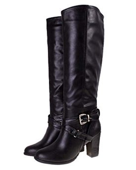 Ladies-MANFIELD-Black-Leather-Look-High-Heel-Knee-High-Buckle-Riding-Boots-5-0