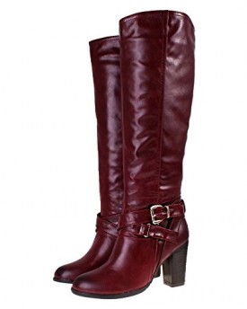 Ladies-MANFIELD-Burgundy-Leather-Look-High-Heel-Knee-High-Buckle-Riding-Boots-7-0