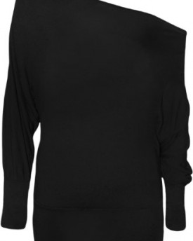 Ladies-Off-Shoulder-Batwing-Long-Sleeved-Plain-T-Shirt-Womens-Tunic-Top-Black-12-14-0