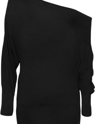 Ladies-Off-Shoulder-Batwing-Long-Sleeved-Plain-T-Shirt-Womens-Tunic-Top-Black-12-14-0