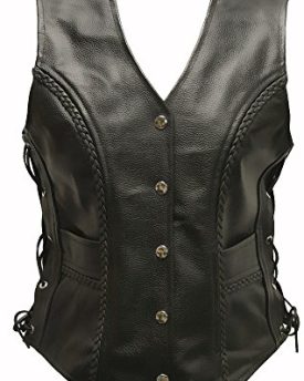 Ladies-Real-Genuine-Leather-Full-Grain-Cowhide-Plain-Lace-Sided-Tasselled-Braided-Womens-Motorcycle-Biker-Gilet-Waistcoat-Classic-Custom-Cruiser-Girls-Motorbike-Shirt-Jacket-Laced-String-Tassle-Vest-B-0