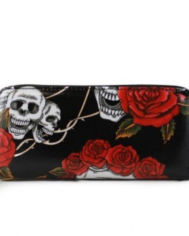 Ladies-Skull-Roses-Designer-Zip-Around-Oilcloth-Purse-Wallet-Clutch-Bag-Sugar-Sweet-Black-0