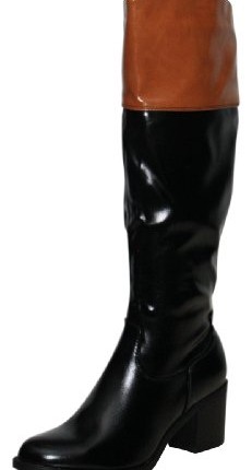 Ladies-Stunning-Black-Tan-Faux-Leather-Stretchy-Block-Mid-Heel-Knee-High-Boots-0