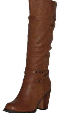 Ladies-Stunning-Sexy-Tan-Brown-Faux-Leather-Knee-High-Heel-Cowboy-Boots-New-0