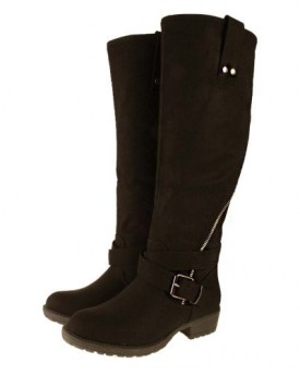 Ladies-TRUFFLE-Black-Leather-Look-Zip-Detailing-Pull-On-Knee-High-Biker-Boots-5-0
