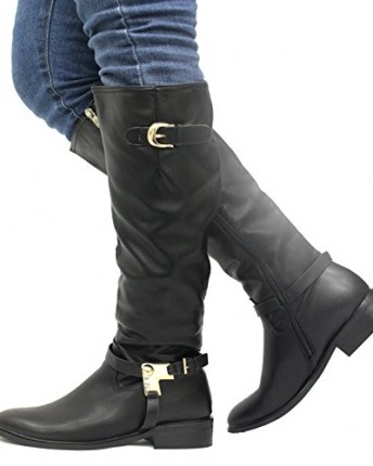 Ladies-Women-Calf-Knee-High-Zip-Up-Block-Heel-Buckle-Biker-Rain-Boots-Shoes-Size-0