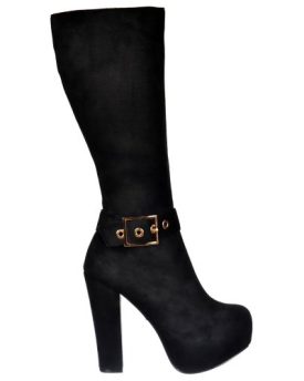 Ladies-Womens-High-Heel-Suede-Knee-High-Winter-Boot-Gold-Buckle-Black-Suede-Black-UK6-EU39-US8-AU7-0