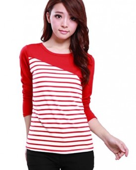 Lady-Round-Neck-Long-Sleeve-Bar-Striped-Casual-Slim-Top-Shirt-0