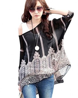 Lady-Round-Neck-Pullover-Batwing-Sleeve-Semi-Sheer-Top-5-0