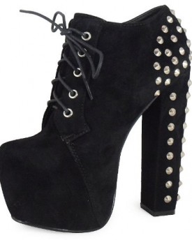 LoudLook-New-Womens-Ladies-Black-Stud-Lace-Up-Concealed-Platform-Block-Heel-Shoes-Boots-4-0