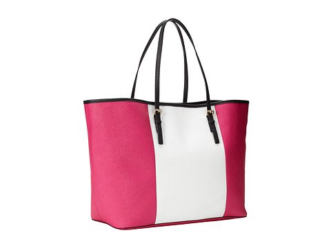 Michael Kors Jet Set Travel Center Stripe Medium Travel Tote Tote Handbags Raspberry/White/Black