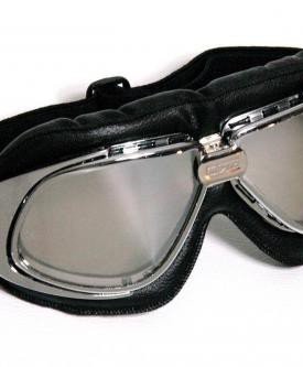 Motorcycle-goggles-black-mirrored-lenses-chrome-frame-REAL-LEATHER-0