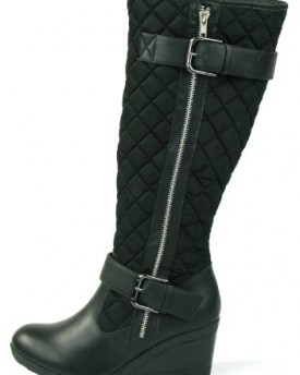 NEW-LADIES-TRENDY-KNEE-HIGH-WEDGE-HEEL-BLACK-PADDED-QUILTED-PATENT-BIKER-RIDING-BOOTS-SIZES-3-4-5-6-7-8-UK-6-Black-Faux-Leather-0