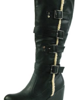 NEW-LADIES-WIDE-CALF-KNEE-HIGH-WEDGE-HEEL-TAN-BROWN-FUR-BIKER-BOOTS-SIZE-3-4-5-6-7-8-UK-3-Black-0