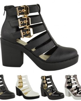 NEW-LADIES-WOMENS-CUT-OUT-GLADIATOR-STRAPPY-ANKLE-BOOTS-MID-HIGH-HEEL-SHOES-SIZE-UK-3-EU-36-US-5-Black-Faux-Leather-Gold-chunky-Buckle-High-Heel-0