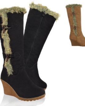 NEW-LADIES-WOMENS-MID-WEDGE-HEEL-FUR-LINED-WARM-WINTER-KNEE-HIGH-CALF-BOOTS-SIZE-UK-4-EU-37-US-6-Black-Faux-Leather-0