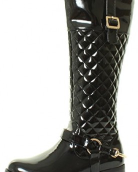 NEW-WOMANS-LADIES-KNEE-HIGH-FLAT-HEEL-PATENT-BLACK-GOLD-QUILTED-BIKER-RIDING-BOOTS-SIZE-3-4-5-6-7-8-UK-6-Black-0