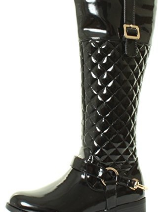 NEW-WOMANS-LADIES-KNEE-HIGH-FLAT-HEEL-PATENT-BLACK-GOLD-QUILTED-BIKER-RIDING-BOOTS-SIZE-3-4-5-6-7-8-UK-6-Black-0