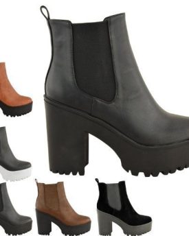 NEW-WOMENS-LADIES-CHUNKY-CLEATED-SOLE-HIGH-HEEL-PLATFORM-ANKLE-BOOTS-SHOES-SIZE-UK-5-Black-Faux-Leather-0