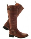 NEW-WOMENS-STRAPPY-BUCKLE-FLAT-HEEL-BIKER-RIDING-BOOTS-KNEE-HIGH-FAUX-LEATHER-LADIES-GIRLS-SHOES-TAN-UK-SIZE-5-0-0