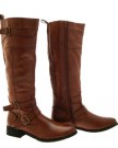 NEW-WOMENS-STRAPPY-BUCKLE-FLAT-HEEL-BIKER-RIDING-BOOTS-KNEE-HIGH-FAUX-LEATHER-LADIES-GIRLS-SHOES-TAN-UK-SIZE-5-0-1