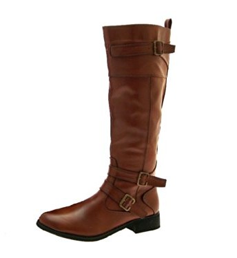 NEW-WOMENS-STRAPPY-BUCKLE-FLAT-HEEL-BIKER-RIDING-BOOTS-KNEE-HIGH-FAUX-LEATHER-LADIES-GIRLS-SHOES-TAN-UK-SIZE-5-0
