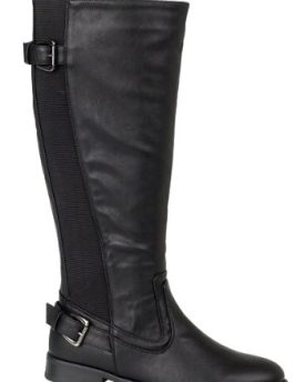 NEW-WOMENS-STRETCH-ELASTIC-PANEL-CALF-FLAT-RIDING-BOOTS-KNEE-HIGH-FAUX-LEATHER-BLACK-MATT-LADIES-SIZE-UK-4-0